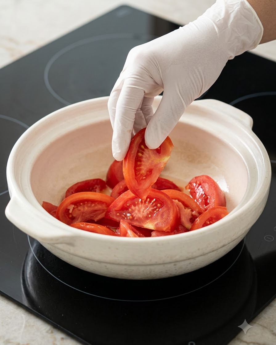 Tomaten werden flach in einen weißen Keramiktopf gelegt, um die untere Schicht zu bilden.