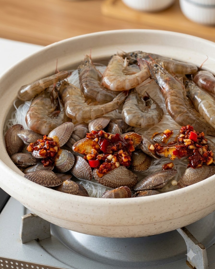Rote Knoblauch- und Chilisauce wird gleichmäßig über die Meeresfrüchte und Nudelanordnung gelöffelt.