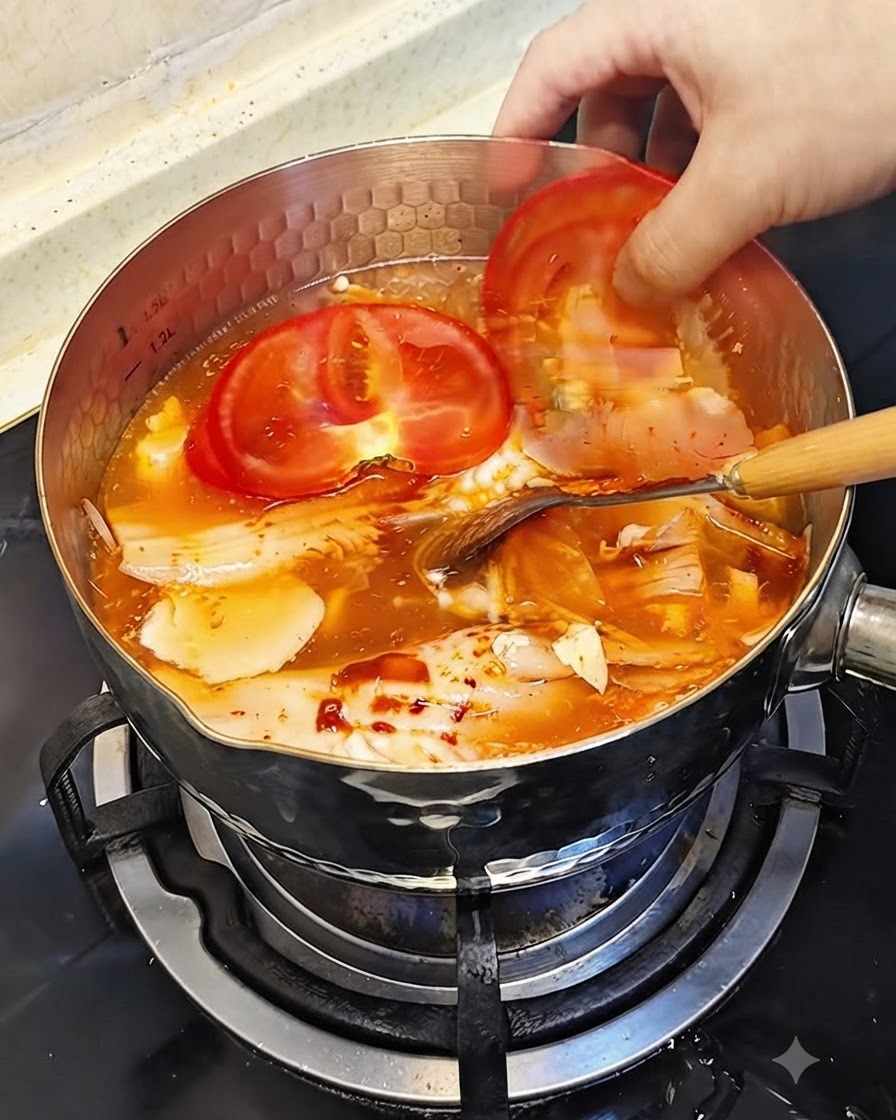 Zwei dicke Scheiben frischer roter Tomate werden in die köchelnde rote Brühe des Hot Pots gelegt.