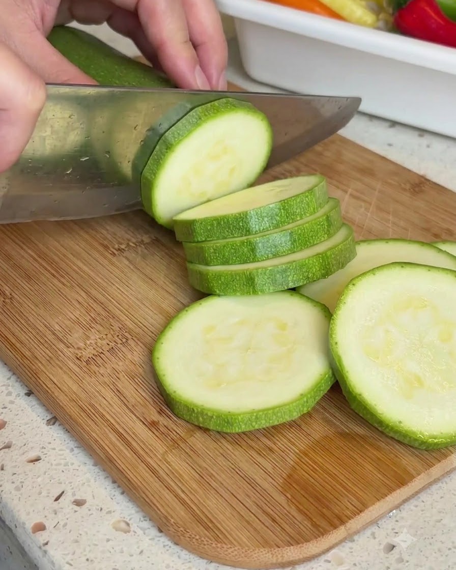 Eine grüne Zucchini wird auf einem Holzschneidebrett mit einem Messer in dicke Scheiben geschnitten.