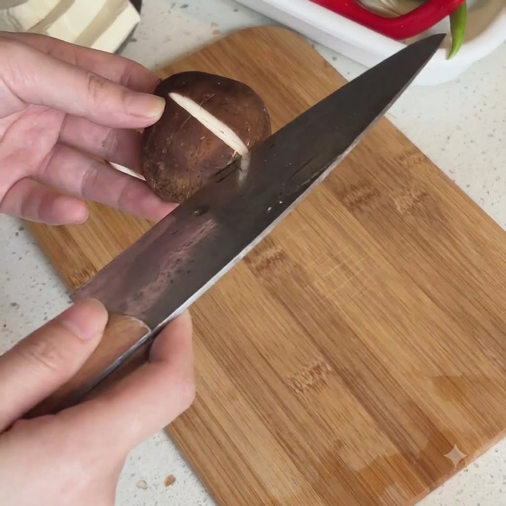 Ein frischer Shiitake-Pilzhut wird mit einem Messer eingeschnitten, um ein Kreuzmuster zu erzeugen.