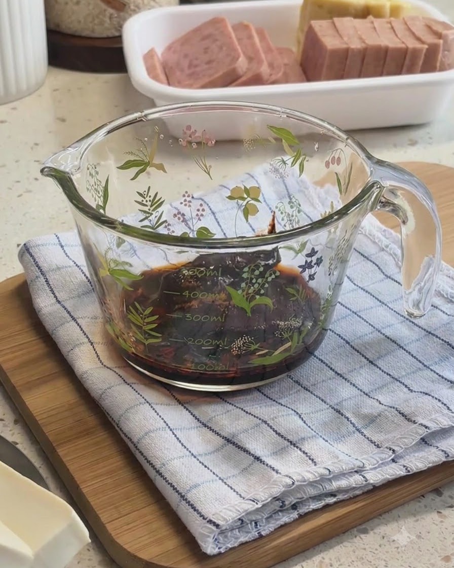 Zutaten werden in einem Messbecher aus Glas vermischt, um die Eintopfsauce zu bilden.