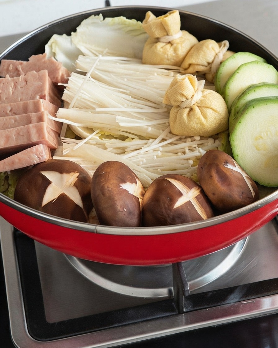 Geschnittene Zucchini, Dosenfleisch, Enoki-Pilze, Shiitake-Pilze und Tofuhaut-Knoten sind wunderschön in einem Topf angeordnet.