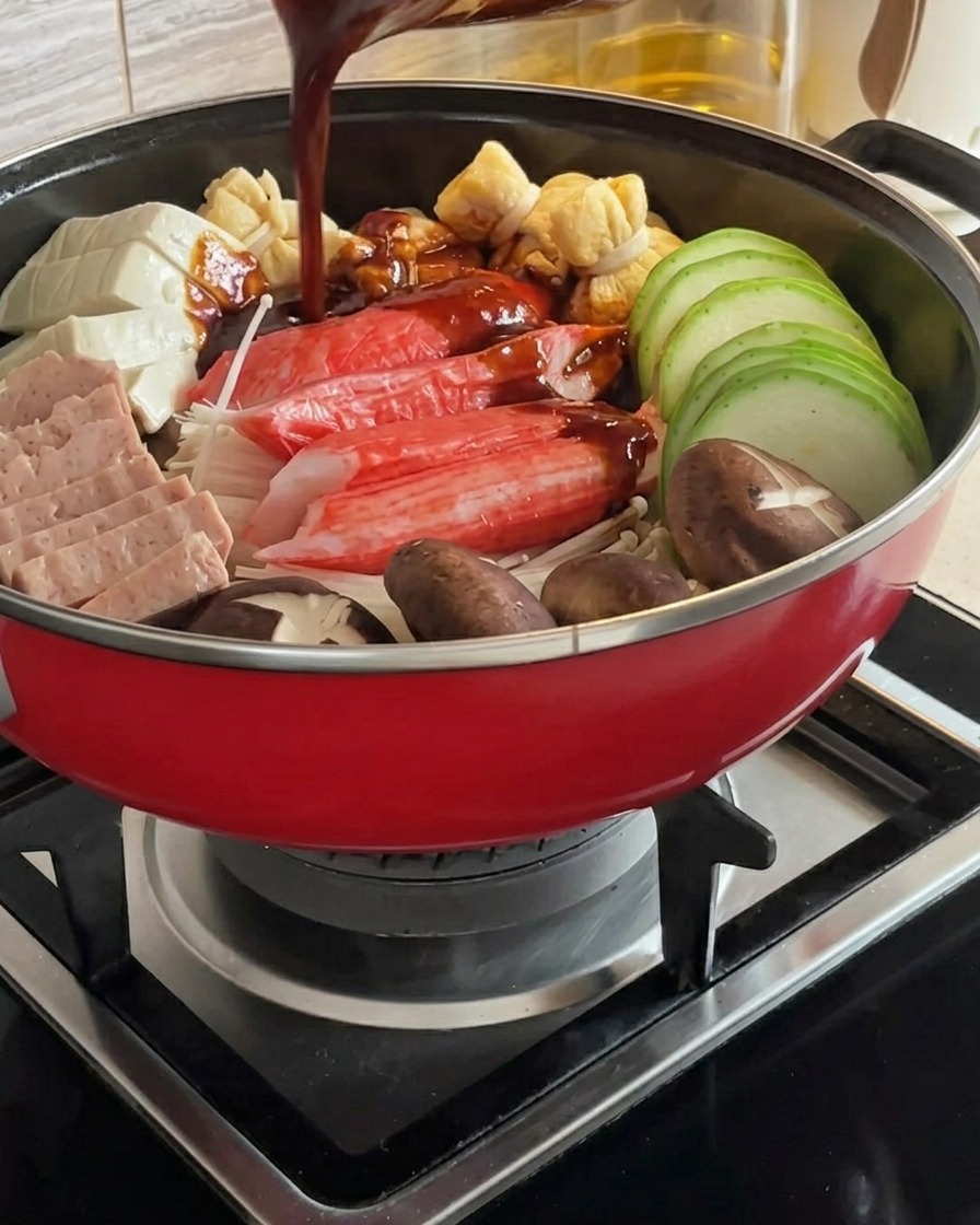 Eine reichhaltige, scharfe rote Sauce wird über die angeordneten Zutaten im Eintopftopf gegossen.