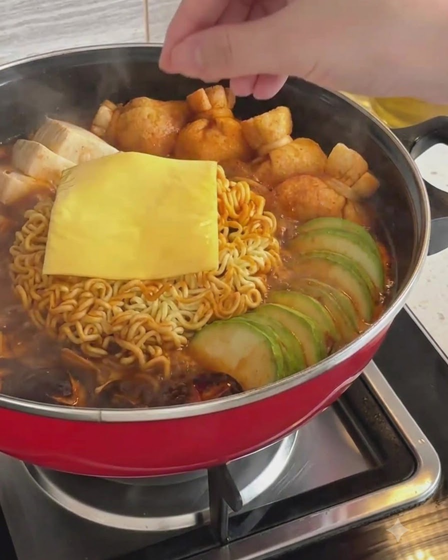 Eine quadratische Scheibe gelber Käse liegt oben auf den Ramen-Nudeln und den Zutaten in einem Topf.
