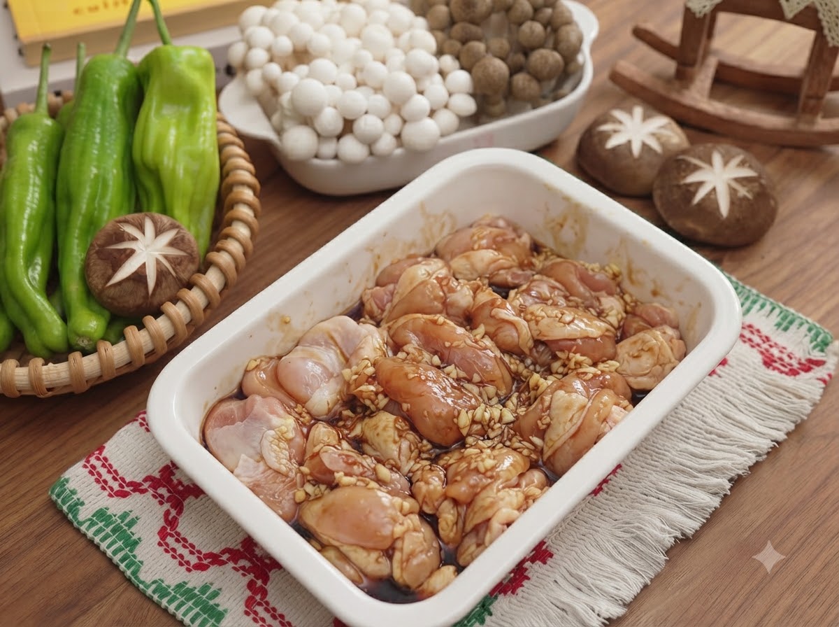 Rohe Hähnchenstücke vermischt mit gehacktem Knoblauch und Saucen in einem weißen Keramikbehälter.