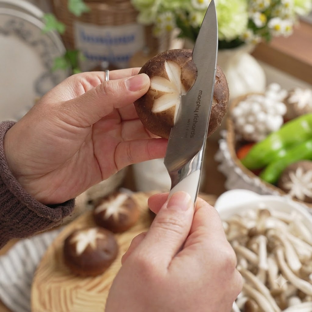 Eine Hand hält einen Shiitake-Pilz, während ein dekoratives Sternmuster mit einem kleinen Messer in den Hut geschnitzt wird.