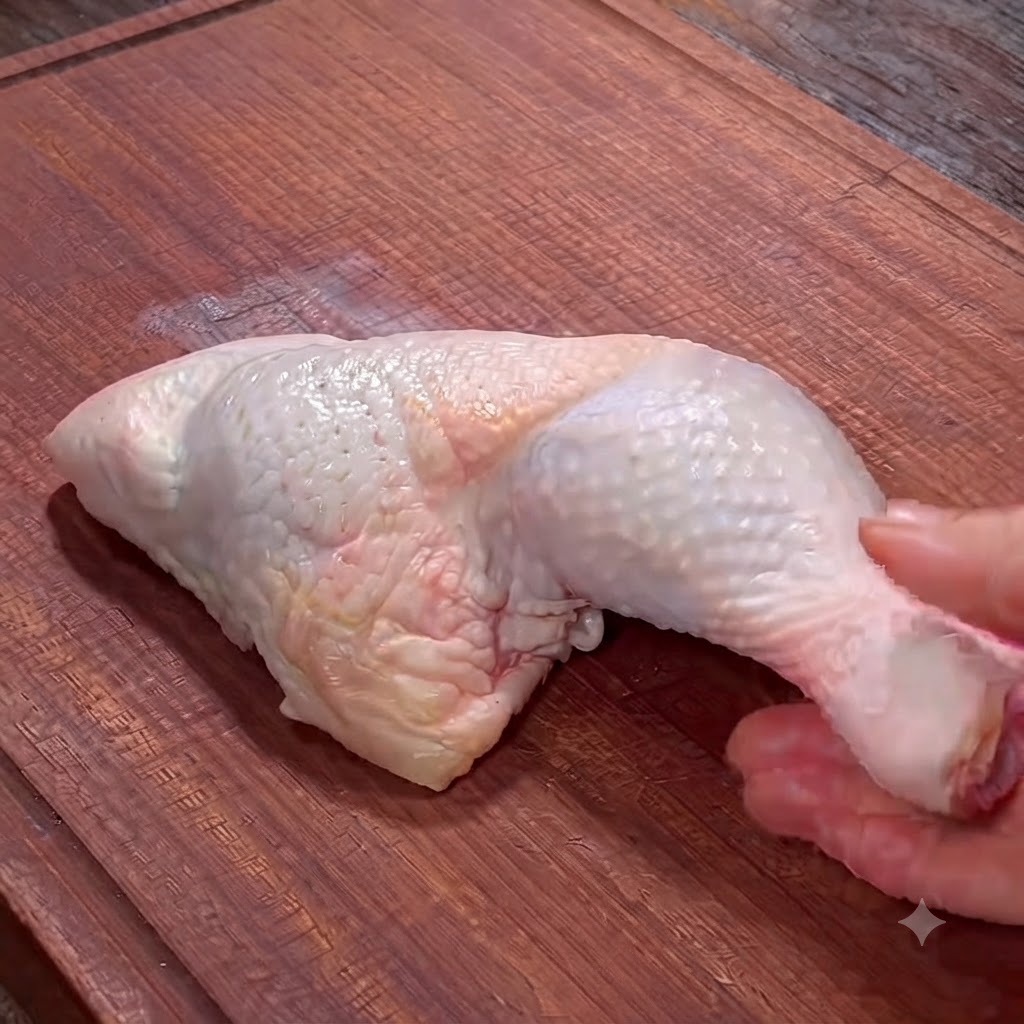 Nahaufnahme von Händen, die mit einer Küchenschere das Fleisch eines rohen Hähnchenschenkels auf einem Schneidebrett vom Knochen lösen.