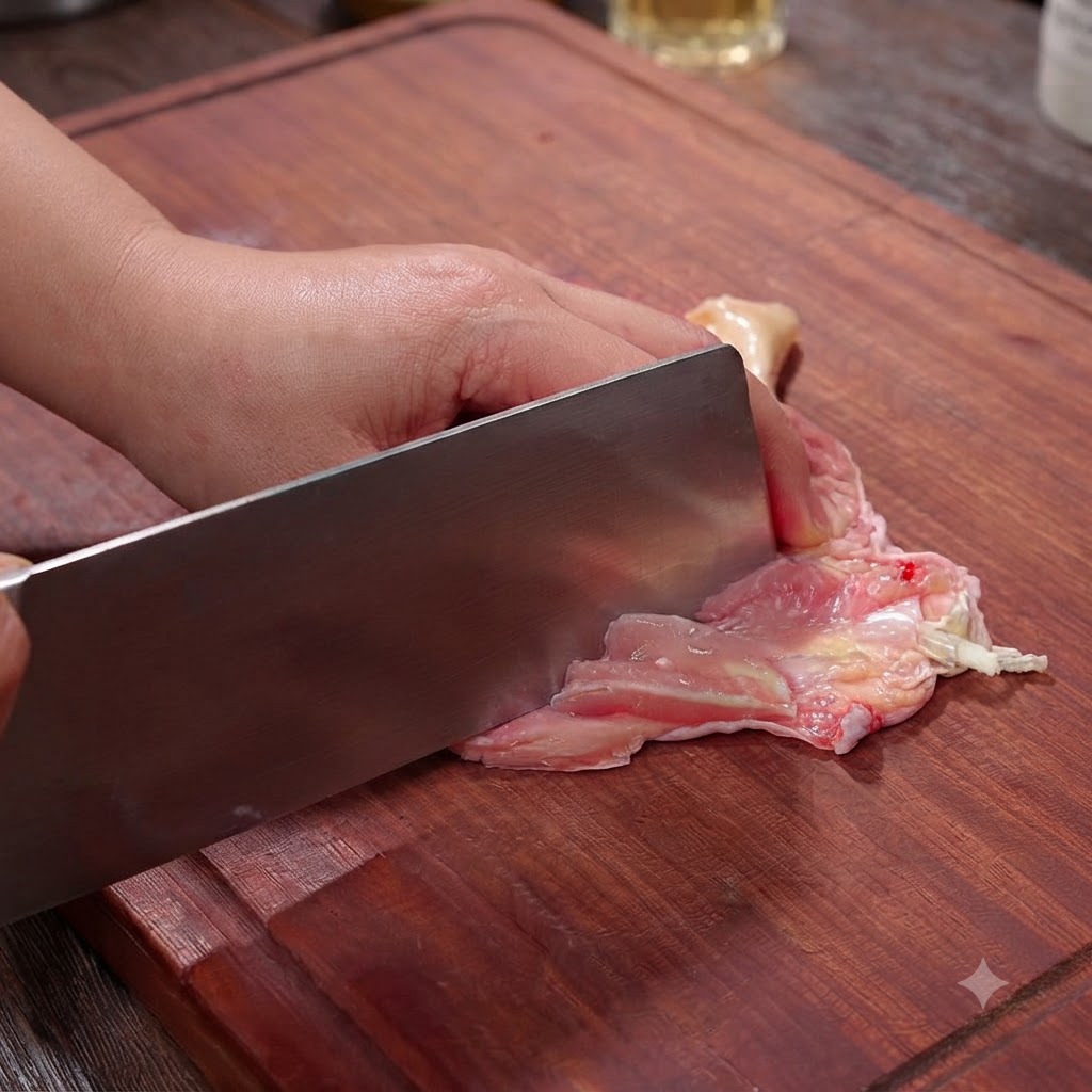 Ein Küchenmesser macht auf einem Holzbrett flache Schnitte in die Innenseite eines entbeinten Hähnchenschenkels.