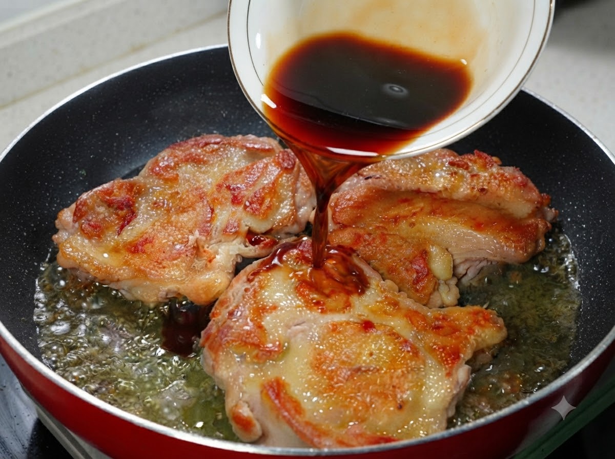 Aus einer Schüssel wird dunkle Teriyaki-Sauce über goldbraune Hähnchenstücke in einer Bratpfanne gegossen.