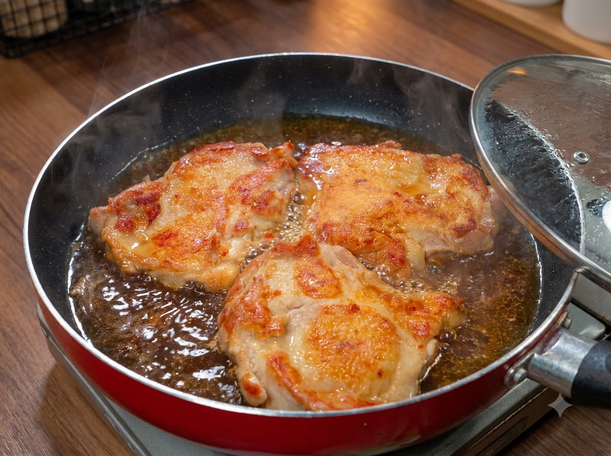 Eine Pfanne mit Hähnchen, das in Sauce köchelt, während ein Glasdeckel darauf gelegt wird.