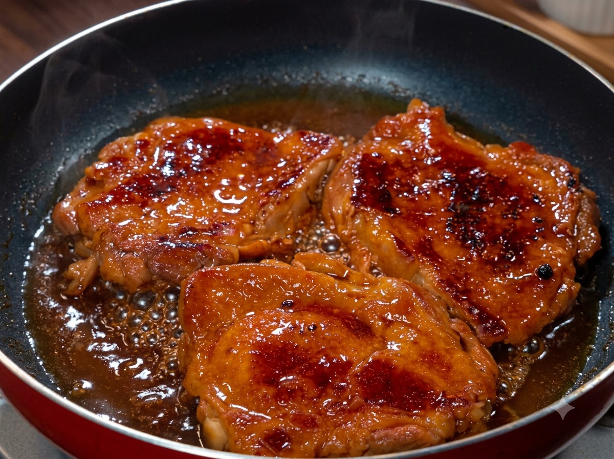 Hähnchenstücke kochen in einer dicken, blubbernden Glasur in einer offenen Pfanne.