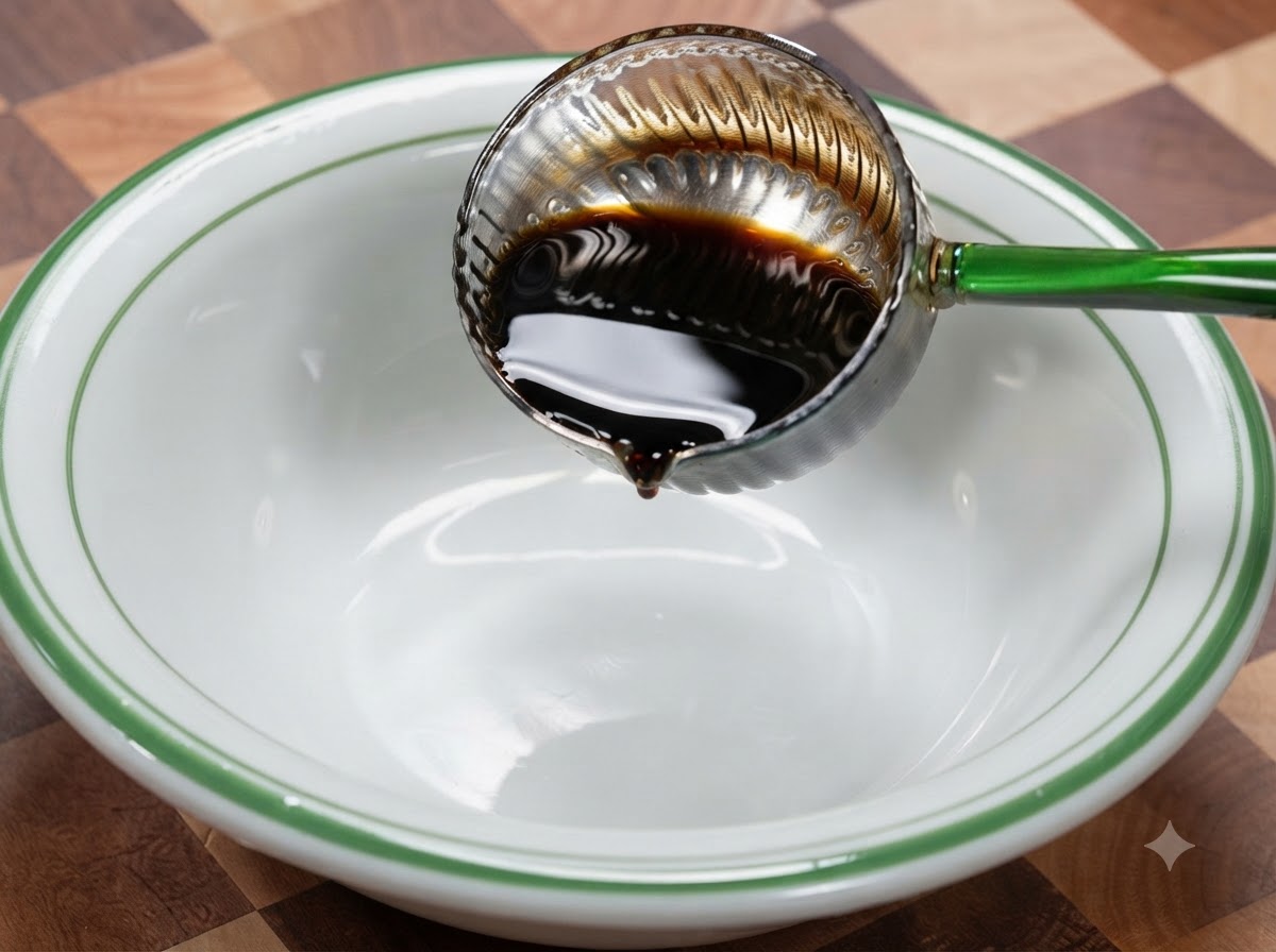 Dunkle Sojasoße wird aus einer Kelle in eine Rührschüssel gegossen.