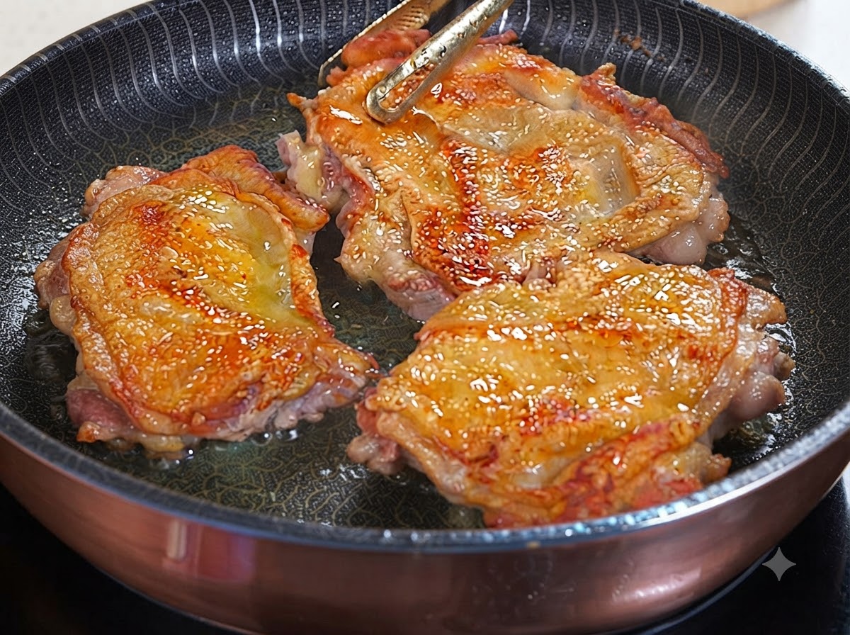 Drei goldbraun angebratene Hähnchenschenkel brutzeln in einer Pfanne, während Teriyaki-Soße darüber gegossen wird.