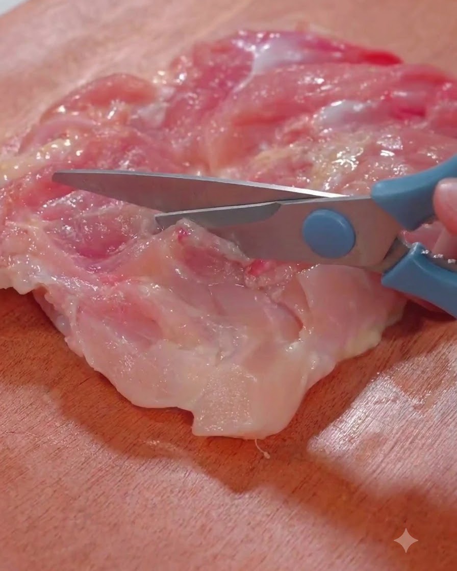 Eine Küchenschere schneidet rohes Hähnchenkeulenfleisch auf einem Holzschneidebrett.