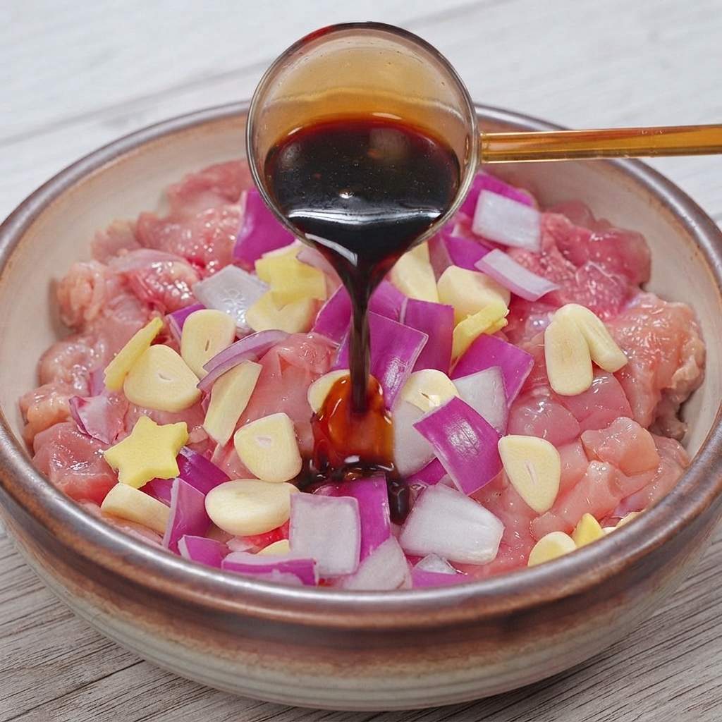 Dunkle Sojasauce wird aus einer Kelle über rohe Hähnchenstücke und Aromaten in einer Schüssel gegossen.