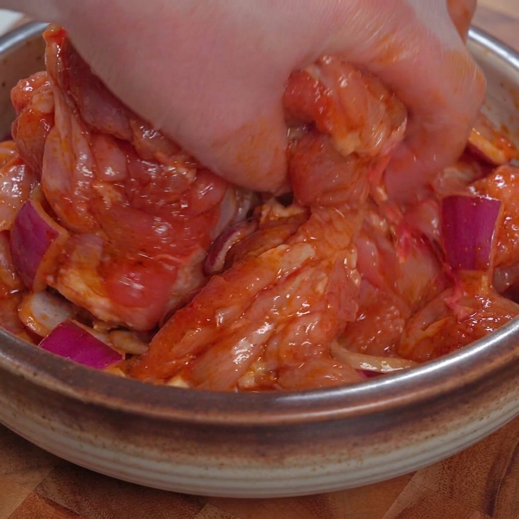 Eine Hand mischt rohe Hähnchenstücke gründlich mit Teriyaki-Marinade in einer Schüssel.