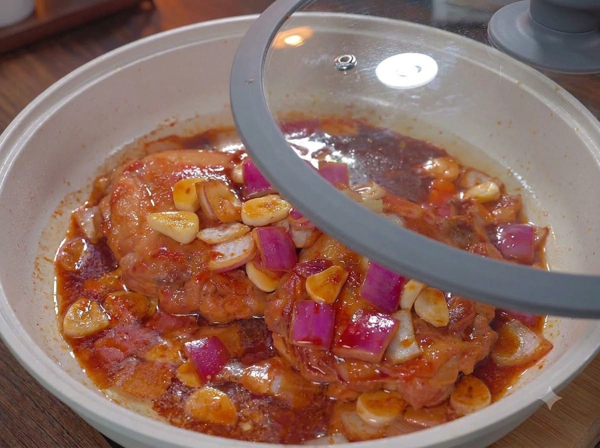 Ein Glasdeckel bedeckt teilweise eine weiße Pfanne, die mit köchelndem Hähnchen und Sauce gefüllt ist.