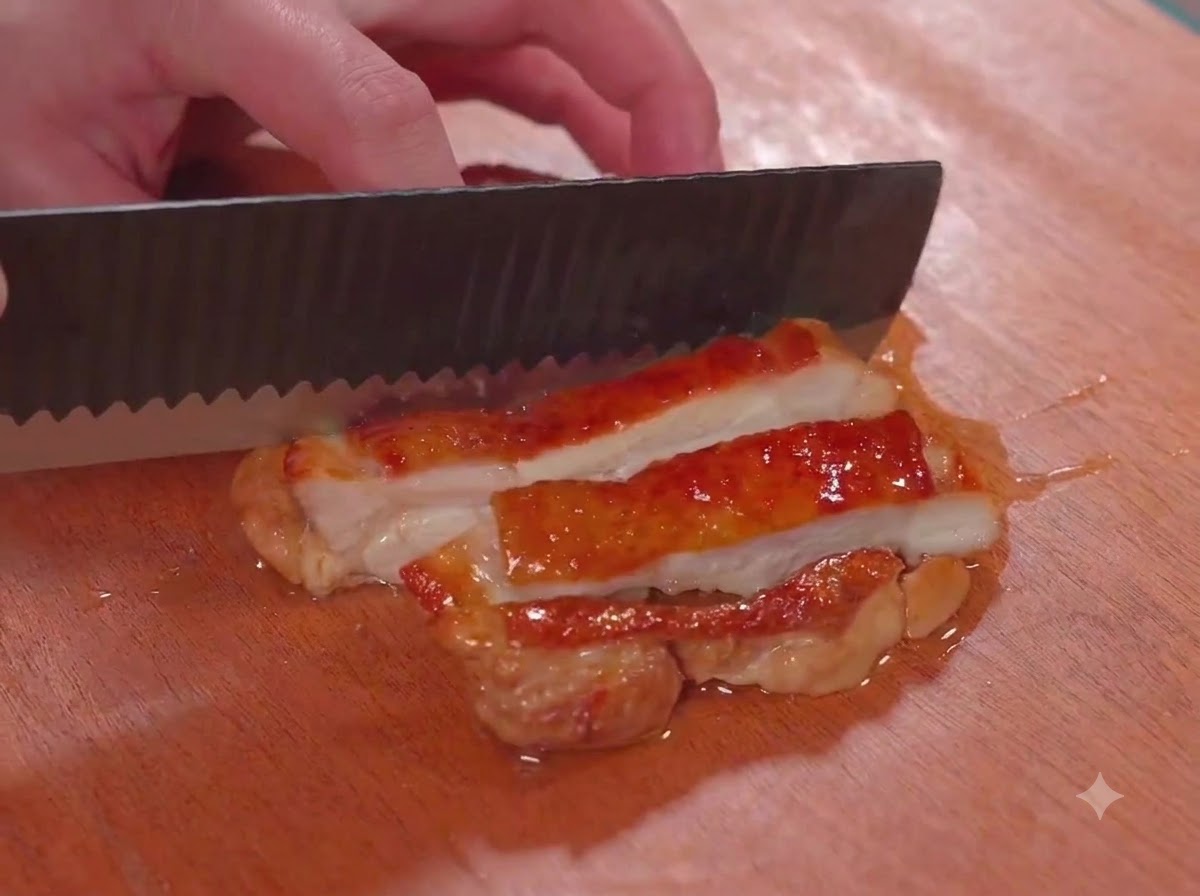 Ein Messer schneidet glasiertes Hähnchenkeulenfleisch auf einem Holzschneidebrett in Scheiben.