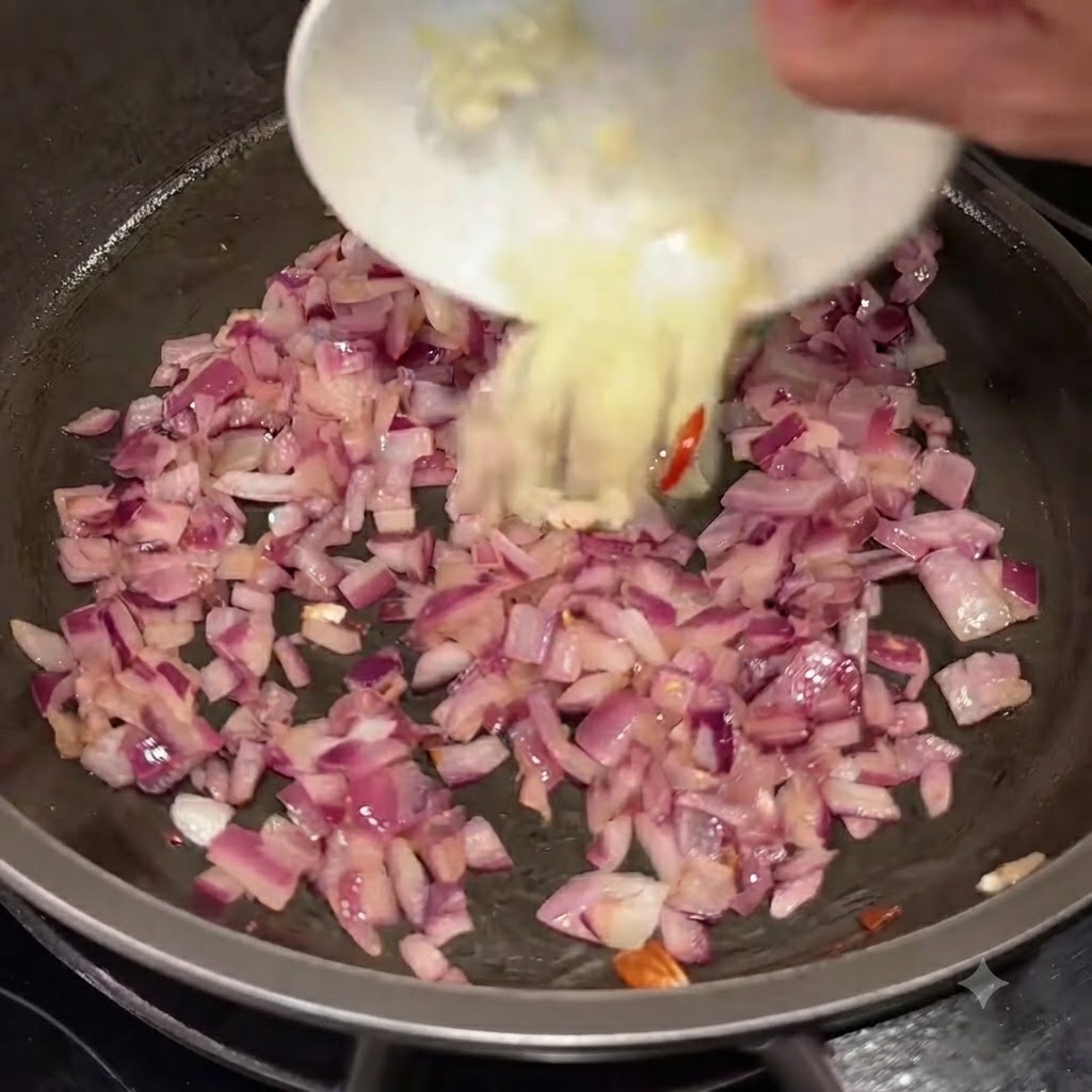 Gehackter Knoblauch wird in die Pfanne mit den angebratenen roten Zwiebeln gegeben.