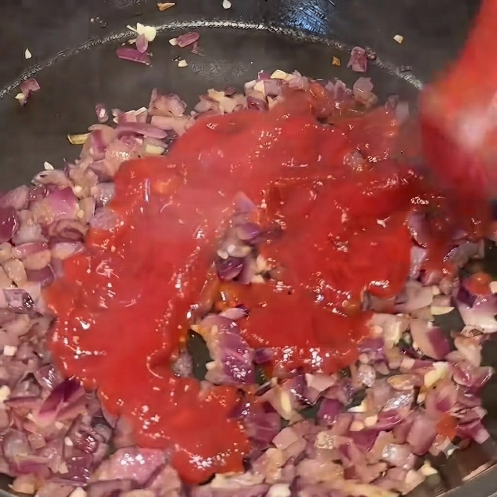 Rotes Tomatenpüree wird direkt in die Pfanne über die gekochten Zwiebeln und den Knoblauch gegossen.