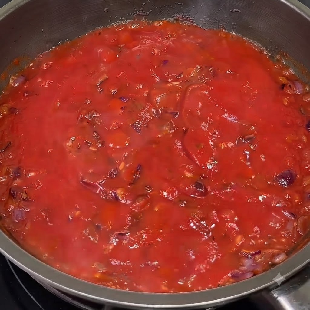 Eine glatte rote Tomatensauce köchelt in der Pfanne, nachdem die Gewürze untergerührt wurden.