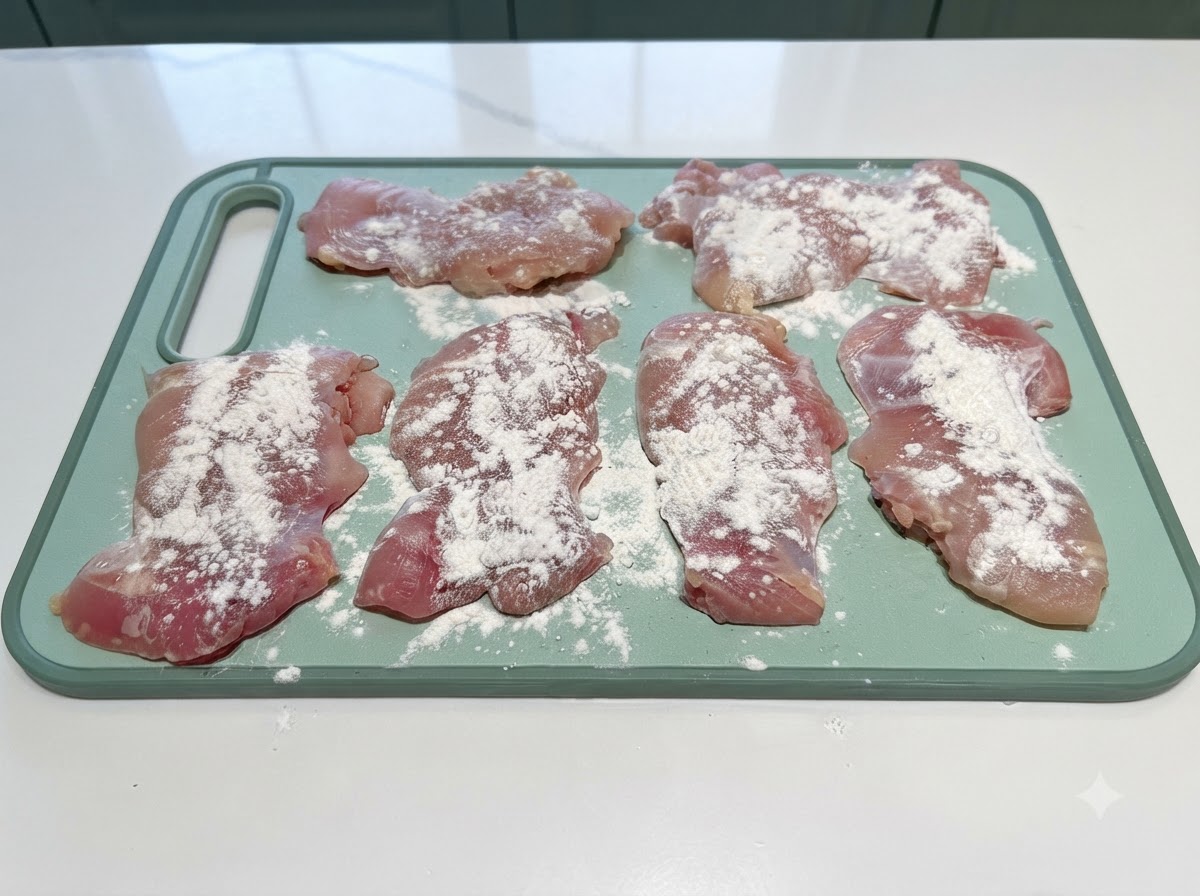Rohe Hähnchenkeulen liegen auf einem grünen Schneidebrett und sind leicht mit Mehl bestäubt.