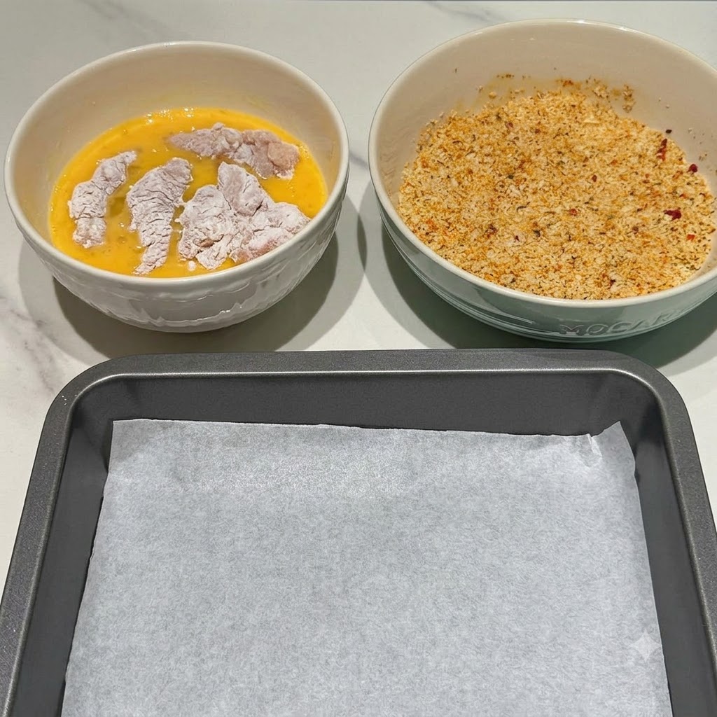 Eine Schüssel mit verquirlten Eiern und Hähnchenstücken darin, neben einer Schüssel mit gewürztem Paniermehl und einem leeren Backblech.