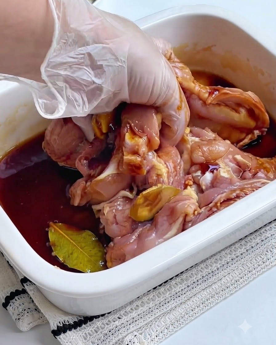 Eine handschuhbekleidete Hand massiert rohe Hähnchenschenkel in einem weißen Behälter voller dunkler Marinadensauce und Ingwerscheiben.