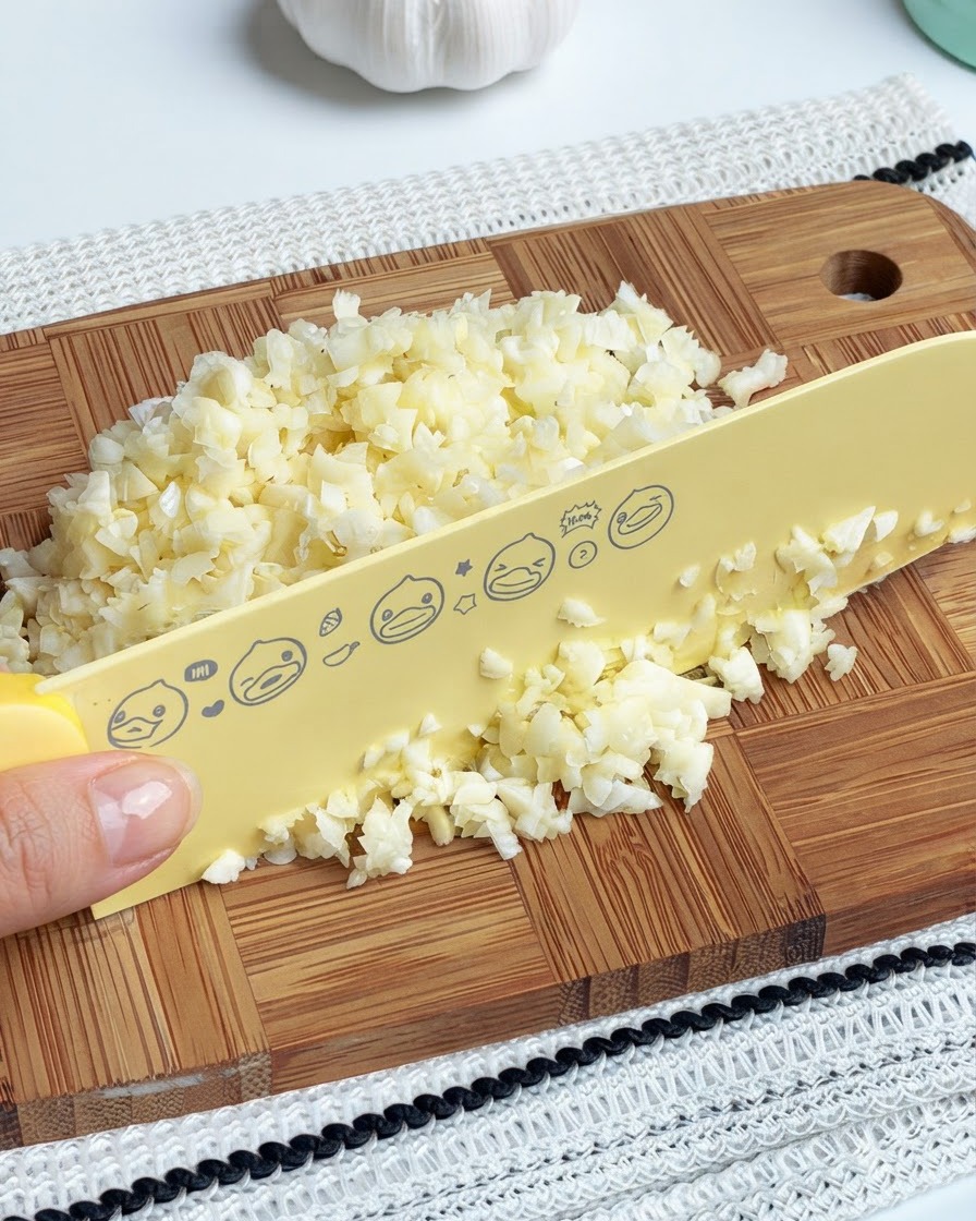 Fein gehackte Knoblauchzehen auf einem Holzschneidebrett neben einem gelben Messer.