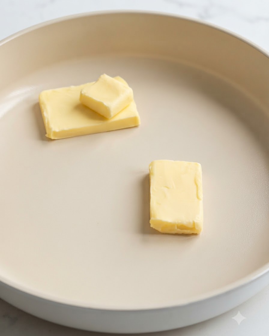 Butterstücke schmelzen in einer beige-farbenen Keramikpfanne.