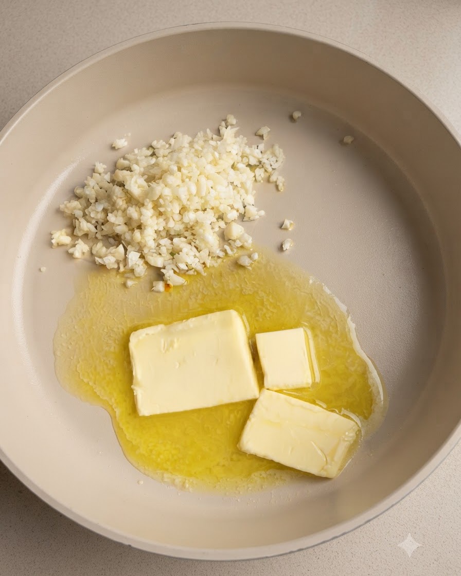 Gehackter Knoblauch brät zusammen mit schmelzender Butter in einer Pfanne an.