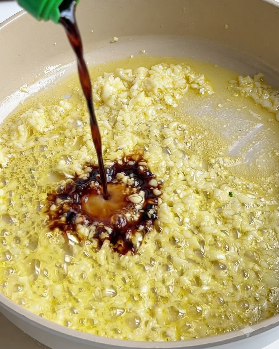 Dunkle Sauce wird aus einer Flasche in eine blubbernde Pfanne mit Knoblauch und Butter gegossen.