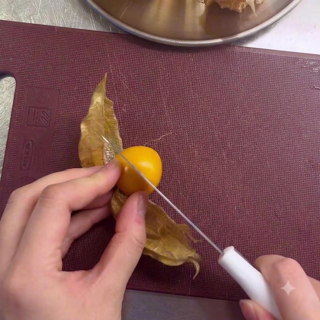 Eine Hand schneidet mit einem kleinen weißen Messer eine gelbe Kapuzinerbeere auf einem Schneidebrett auf.