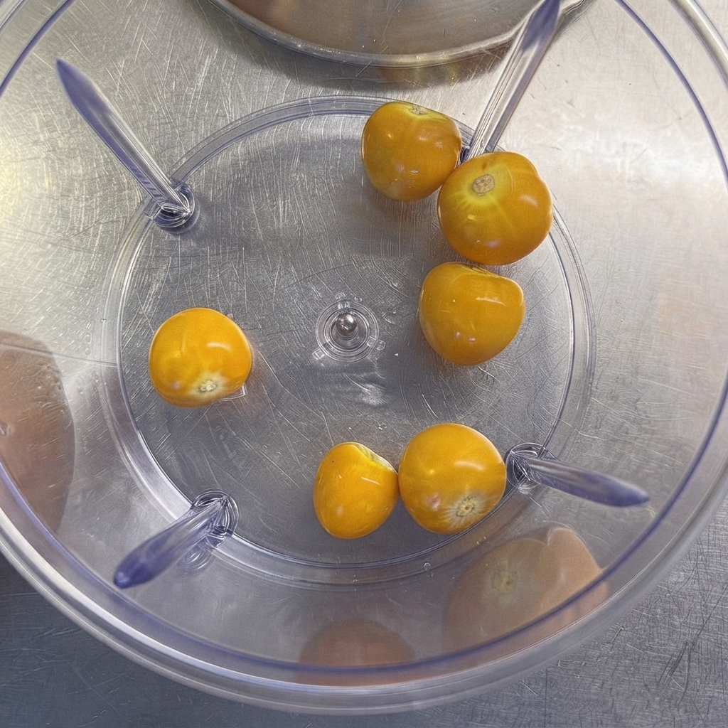 Mehrere gelbe Kapuzinerbeeren liegen am Boden eines Mixbehälters.