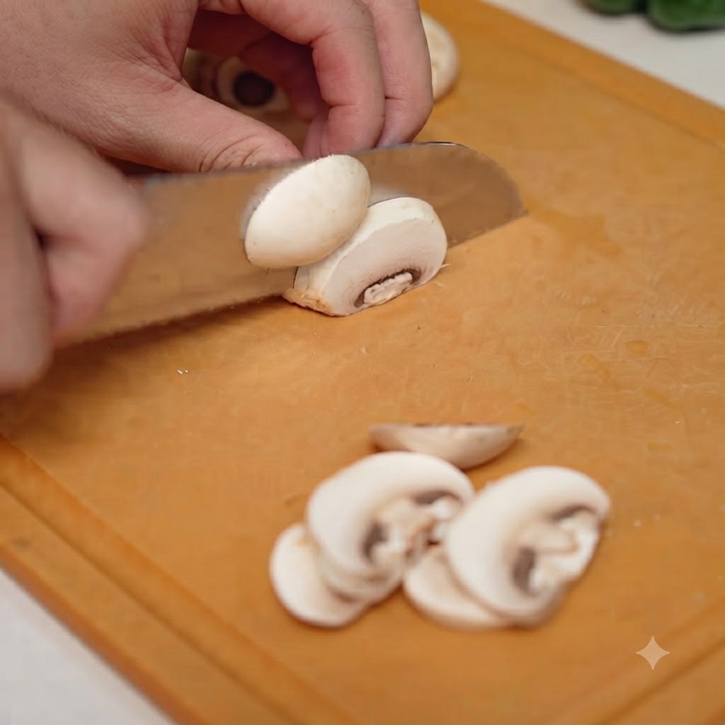 Eine Hand schneidet mit einem Messer frische weiße Champignons auf einem Holzschneidebrett in Scheiben.