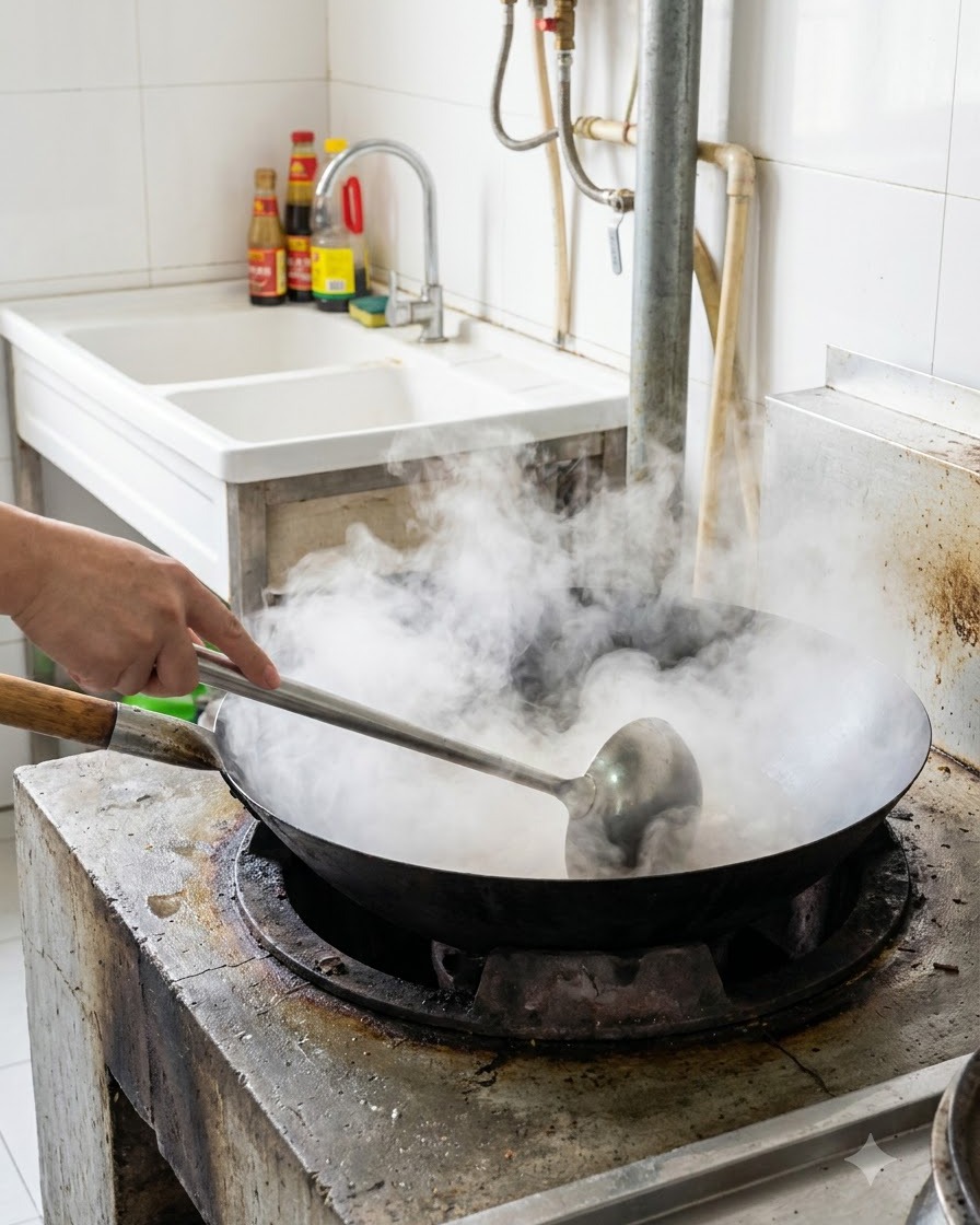 Ein Wok gefüllt mit kochendem Wasser und dichtem Dampf, mit einer Kochkelle darin.