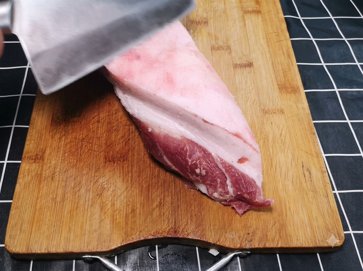 Ein großes Messer schneidet die äußere Fettschicht von einem dicken Stück rohem Schweinefleisch auf einem Holzschneidebrett ab.