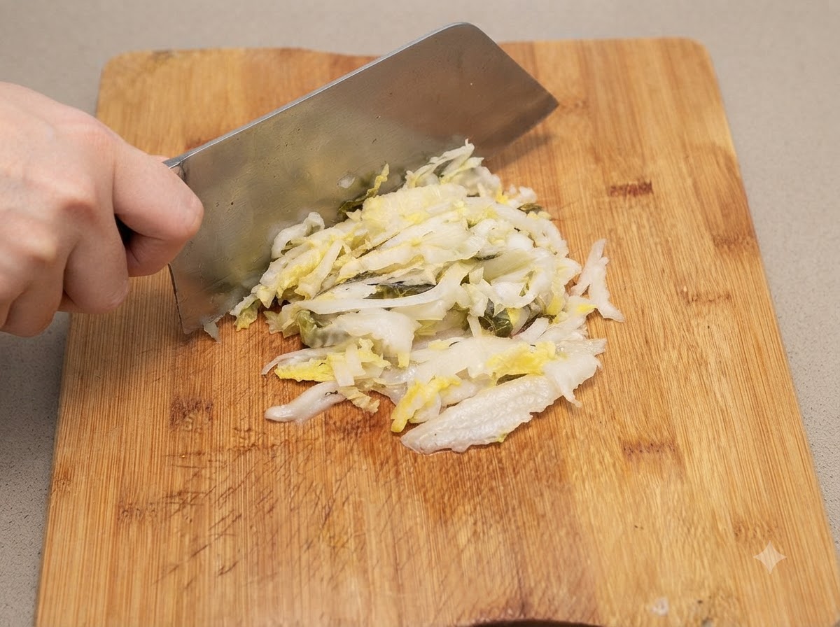Fermentiertes Sauerkraut wird mit einem Messer auf einem Holzschneidebrett in dünne Streifen geschnitten.