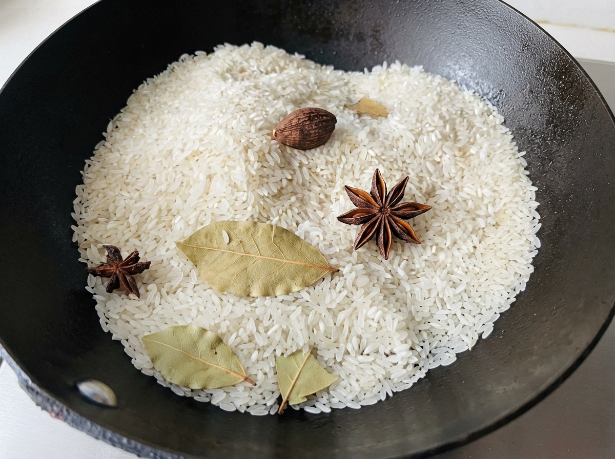 Rohe Reiskörner vermischt mit ganzer Sternanis, schwarzem Kardamom und Lorbeerblättern in einem dunklen Wok.