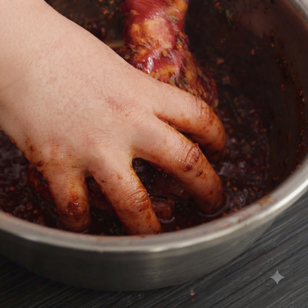 Nahaufnahme von Händen, die Marinade in Schweinerippchen in einer Metallschüssel einmassieren.
