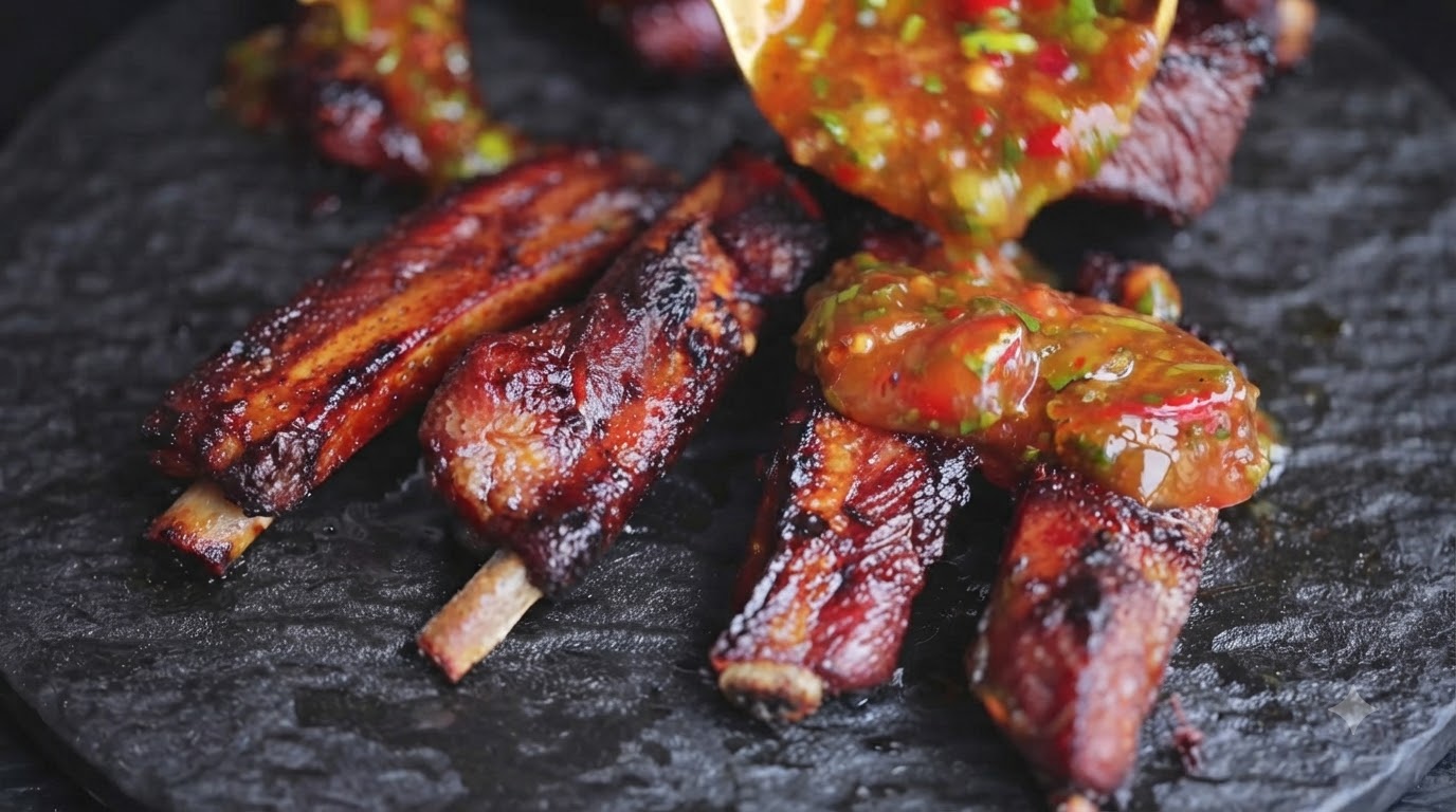 Glasiertes thailändisches Schweinerippchen auf einem dunklen Schiefereller, beträufelt mit einer leuchtend roten und grünen Chili-Kräuter-Dip-Sauce
