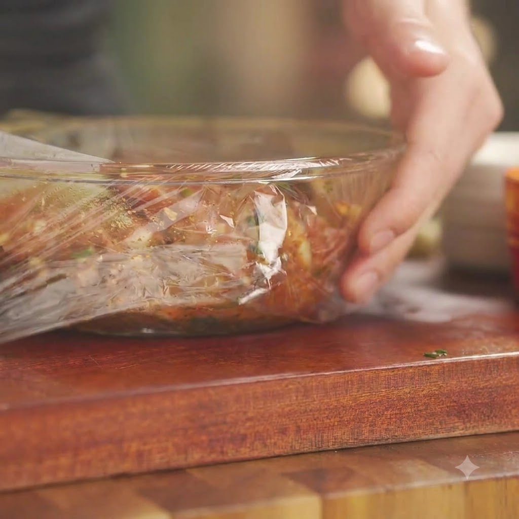 Eine Glasschüssel voller gewürzter Schweinerippchen wird fest mit Frischhaltefolie verschlossen.