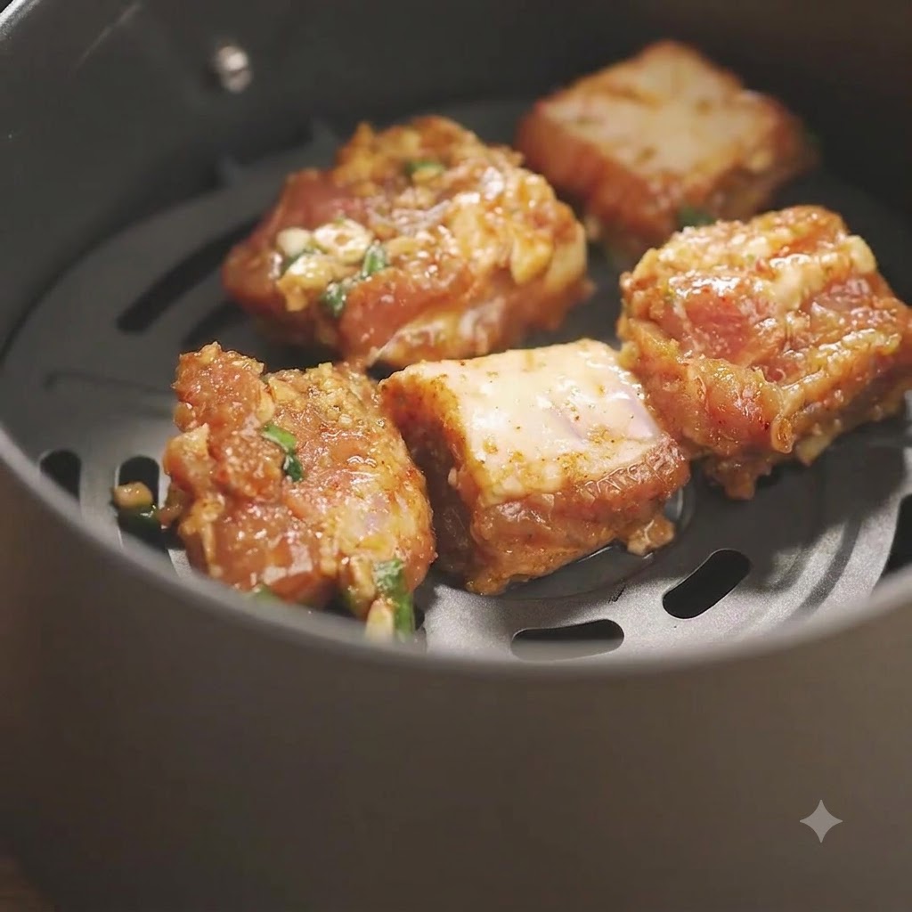 Mehrere gewürzte Schweinerippchen im Korb einer Heißluftfritteuse bereit zum Ölsprühen.