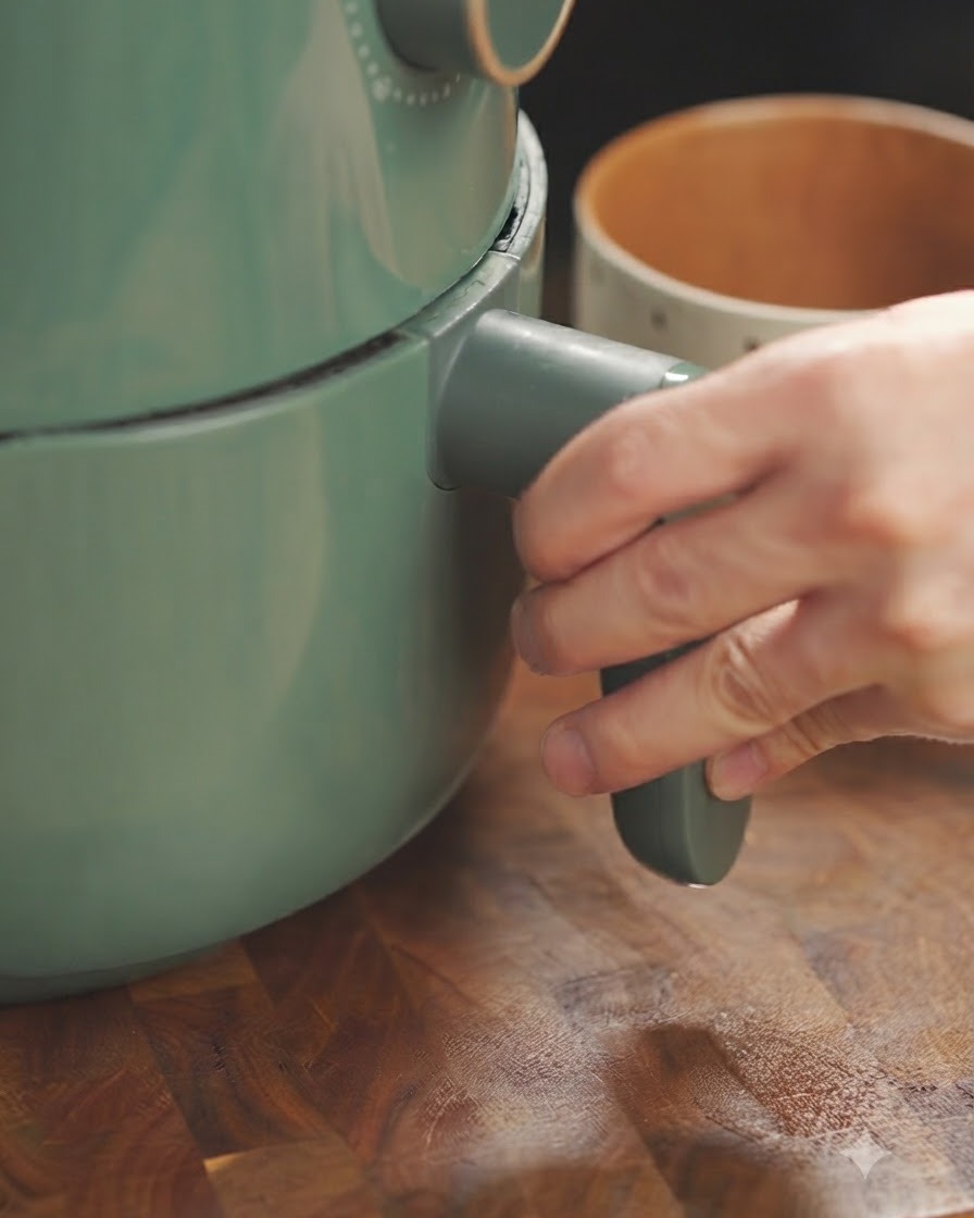 Eine Hand dreht den Regler einer grünen Heißluftfritteuse zur Einstellung der Garparameter.