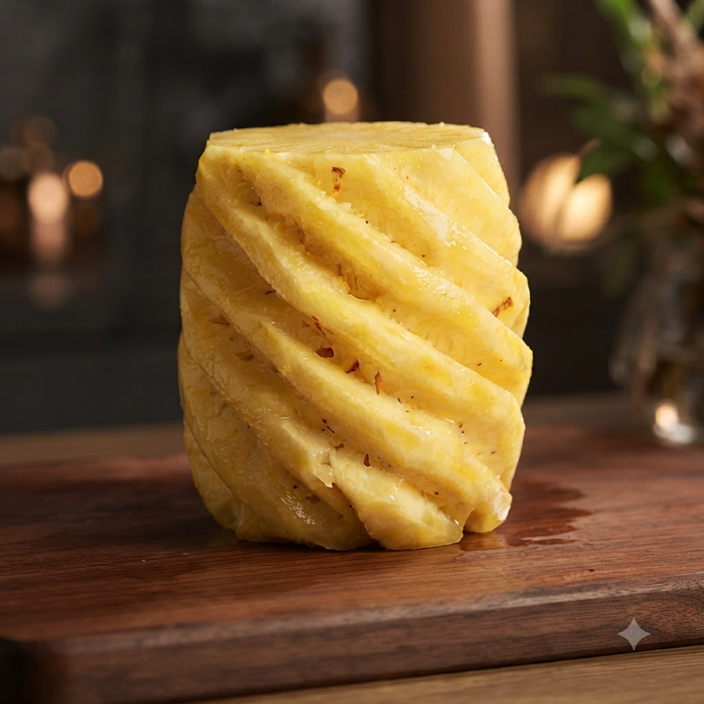Eine geschälte Ananas steht auf einem Holzschneidebrett und wird gleich geschnitten.
