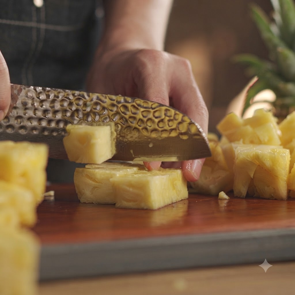 Ananasstücke werden auf einem Holzbrett mit einem Chefkochmesser geschnitten.