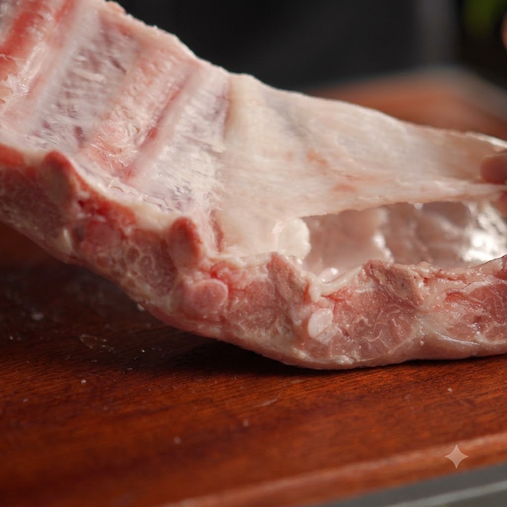 Nahaufnahme einer Hand, die die durchsichtige Silberhaut von der Rückseite roher Schweinerippchen abzieht.