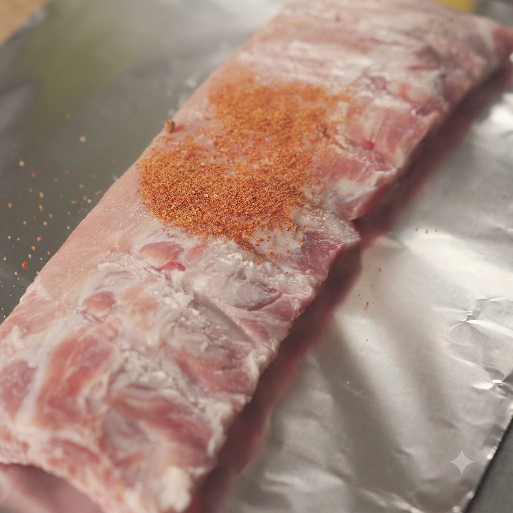 Ein rohes Rippchen-Rack liegt auf Alufolie mit einem Haufen roter Gewürze darauf.