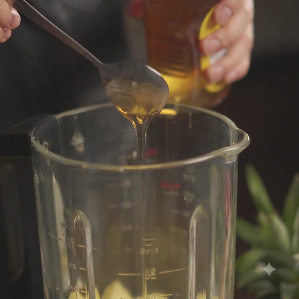 Ein Löffel Honig wird in ein mit gehackter Ananas gefülltes Mixglas gegeben.